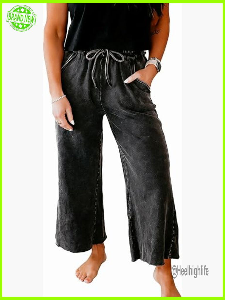 Elastic High Waist Wide Leg Cropped Lounge Pants With Side Pockets